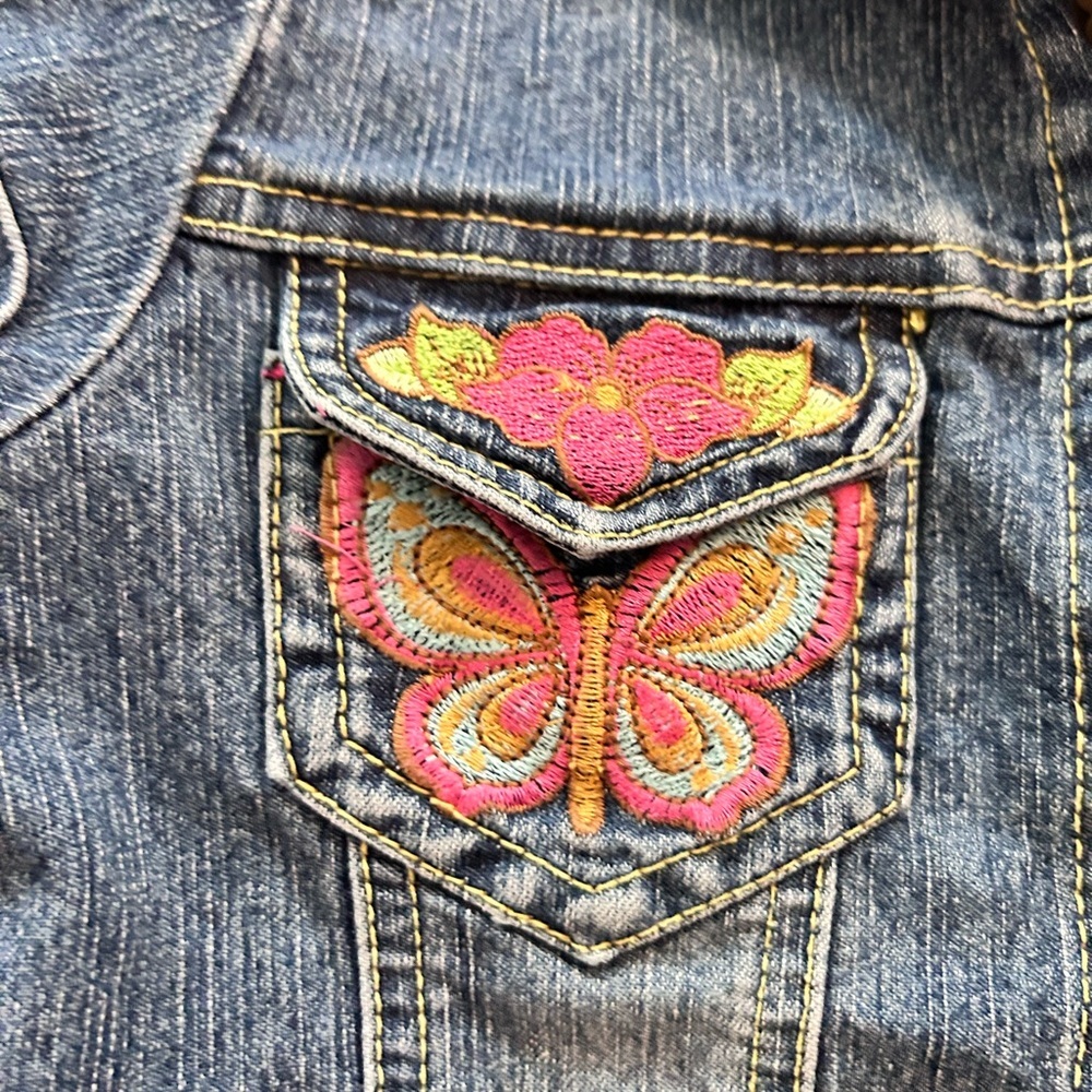 Route 66 Girls Dark Denim Button-Front Dress with Pink Embroidered Butterflies